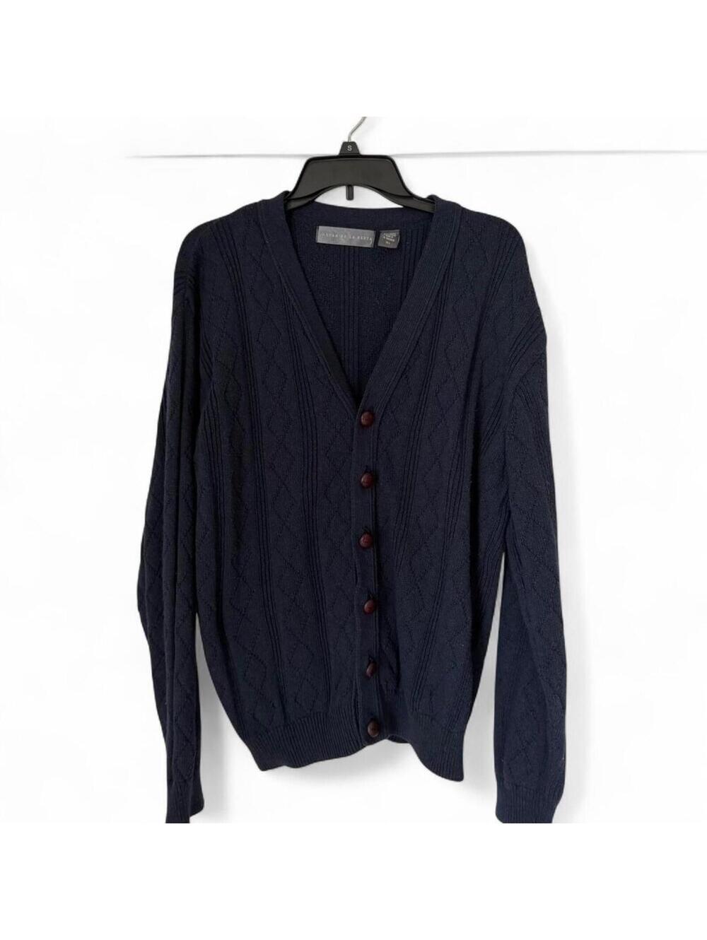 Men's Oscar de la Renta navy blue cable knit cardigan sweater XL